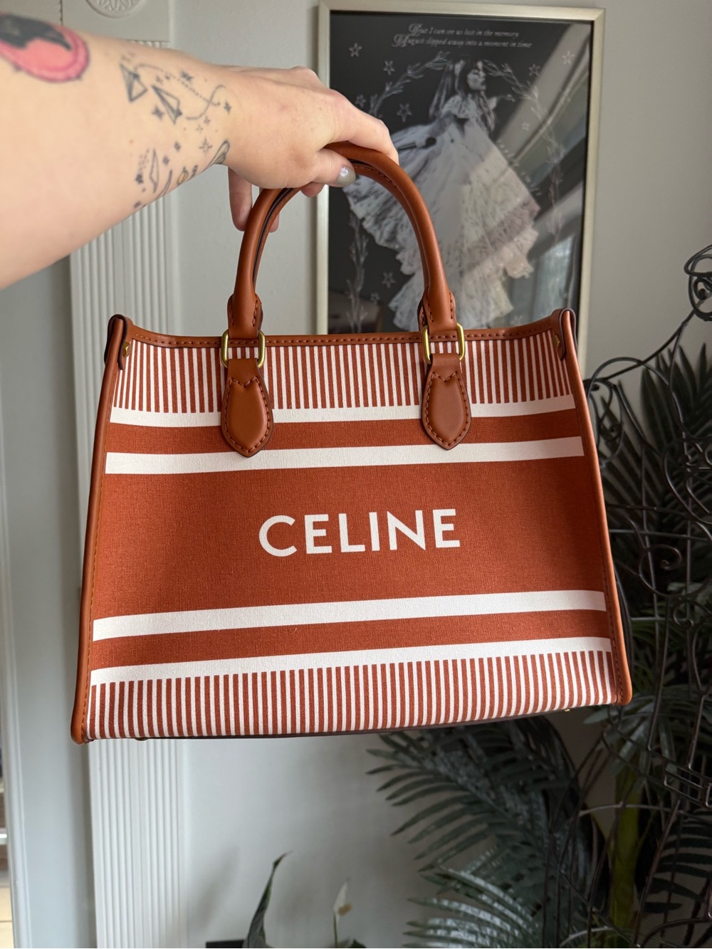 CELINE Brown and White Striped Canvas Tote with Leather Handles